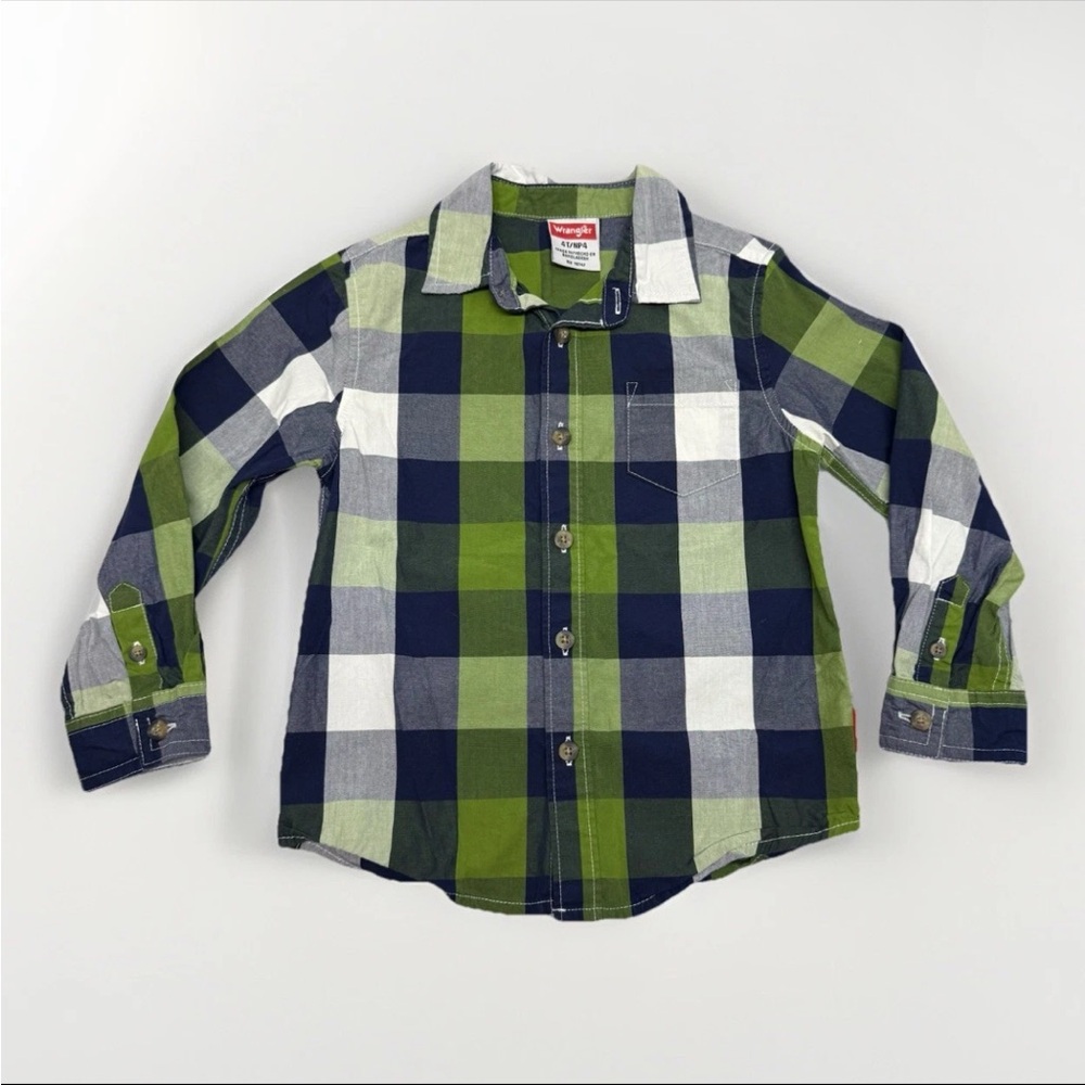 Boys 4T Wrangler Plaid Button Up Long Sleeve Green